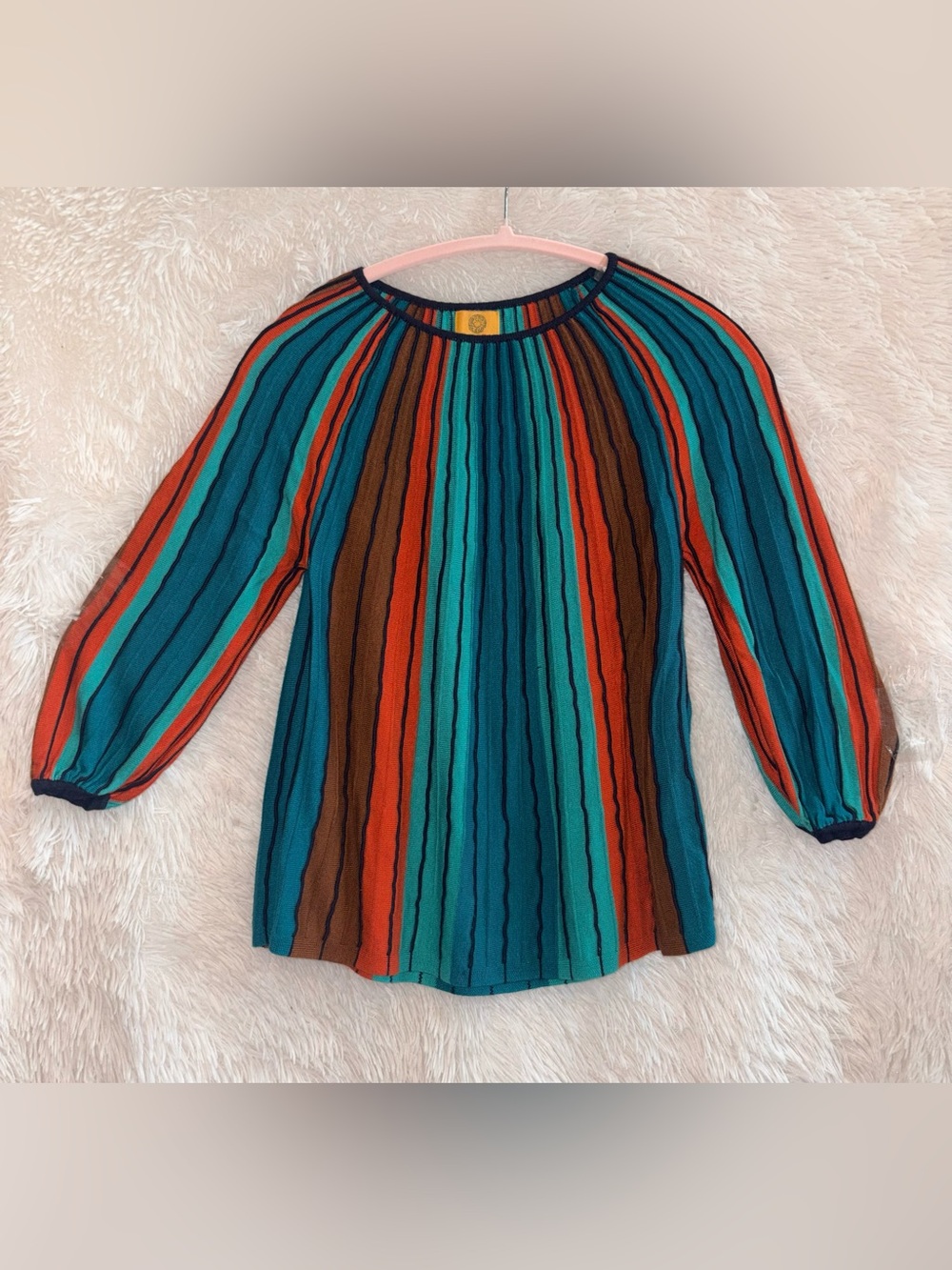 Ruby Rd. Teal, Rust & Brown Striped Rib-Knit Long Sleeve Top